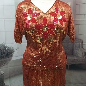 Vintage Sequin Flower Design Top and Skirt